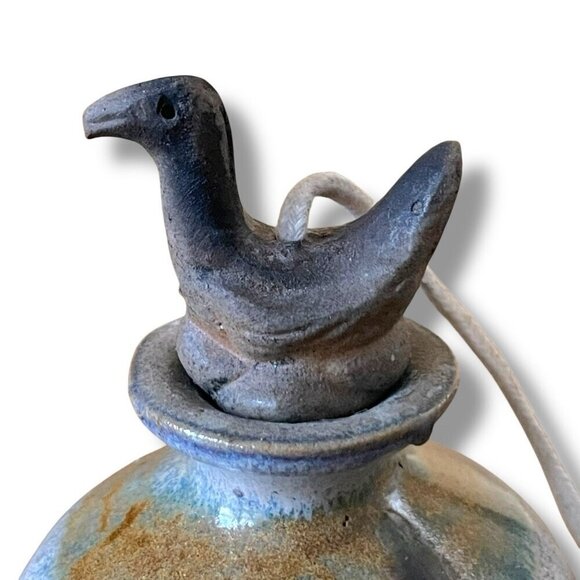 Vintage 1980s Flat Earth Pottery Oil Lamp Ceramic Stoneware Bird Stopper Boho - Picture 4 of 11